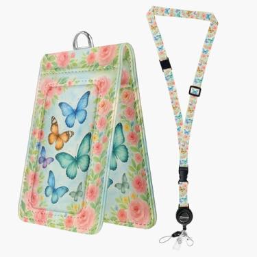 Imagem de Bolimoss Cordões de borboleta rosa para crachás de identificação, cordão de etiqueta de nome de cartão com fecho de metal giratório, alça ajustável para pescoço com carretel retrátil, suporte de