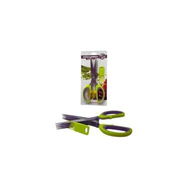 Imagem de Tesoura para Picar Alimentos, 5 Lâminas, Aço Inox, Temperos e Ervas, 19cm, Cabo Emborrachado, com Pente para Higienização