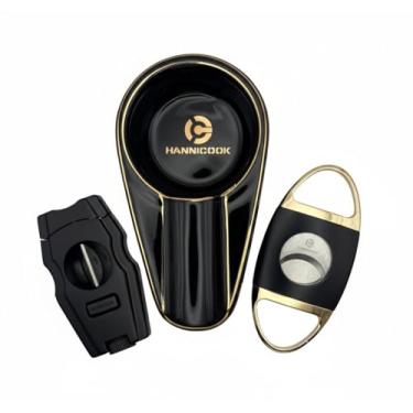 Imagem de Kit Charuto Premium Hannicook – V-Cut, Guilhotina Dupla e Cinzeiro Preto Gold