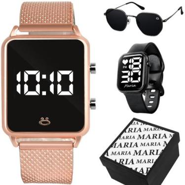 Imagem de 2 relogio feminino digital led rose + oculos sol rose casual rosa qual