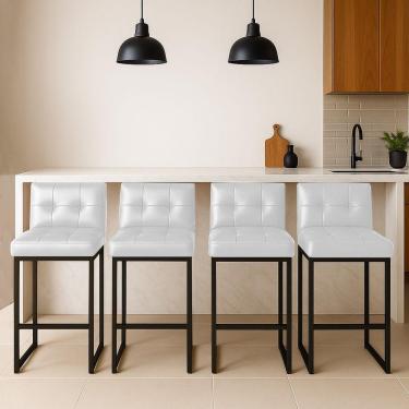 Imagem de Banqueta Cozinha Alta Com Encosto Industrial Kit 4 Preto Lirina Pu C05 - D'rossi Branco