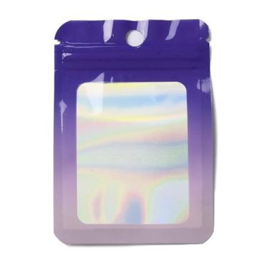 Imagem de 100 unidades de sacos com zíper de PVC com glitter com janela transparente, sacos retangulares roxos resseláveis com orifício para pendurar, bolsa reutilizável com vedação superior para joias doces