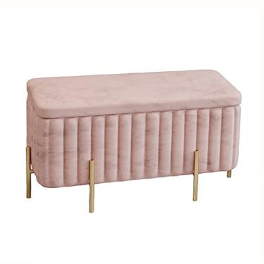 Imagem de FAMEOYA Luxuoso banco otomano de armazenamento de veludo com pés de metal, apoio para os pés otomano estofado contemporâneo, banco de armazenamento macio para quarto banco de armazenamento de cama