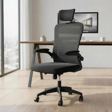 Imagem de Cadeira De Escritório Mesh Ergonômica Reunião Giratória Preto Com Encosto De Cabeça e Lombar