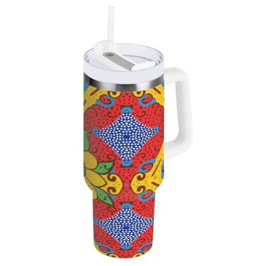 Imagem de Kigai Copo de 850 g com alça, copos isolados com padrão de cerâmica mexicana com tampa e canudo, garrafa de água esportiva de metal grande, caneca de café de viagem de aço inoxidável