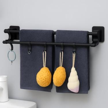 Imagem de Porta Toalha Duplo com Ganchos extras, 40cm, Fixação Adesiva sem Furos, Hastes em Metal, Branco e Preto Disponíveis (PRETO)