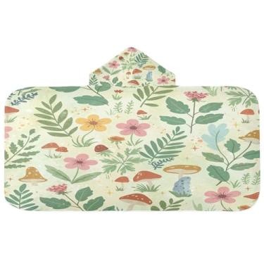 Imagem de Burbuja Toalha de banho com capuz e folhas flores cogumelos para crianças, toalha de praia de pelúcia macia absorvente para chá de meninas e meninos 3-10 anos, 61 x 127 cm