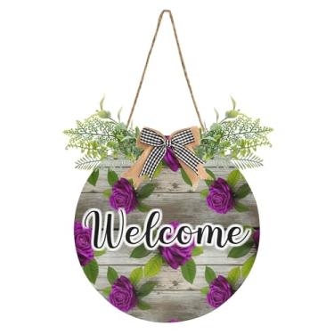Imagem de Burbuja Placa de boas-vindas para decoração de porta frontal de rosas em madeira, placa de boas-vindas pendurada com flor para porta, parede, casa, casa de fazenda, varanda, decoração de feriados, 30