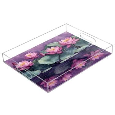 Imagem de STAYTOP Linda bandeja de acrílico para servir flores de lótus em aquarela 15,7 × 11,20 cm, bandejas decorativas à prova de derramamento, organizador de bancada para café da manhã, chá, comida