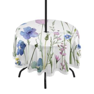 Imagem de CEBUGI Toalha de mesa redonda para uso ao ar livre, flores silvestres, impermeável, com furo Umberlla, capa de mesa lavável para pátio, cozinha, sala de jantar, 152 cm