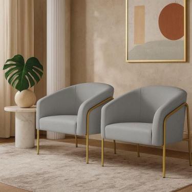 Imagem de Poltrona Sala Industrial Alta Dourado Kit 2 Stella Suede Cinza D03 - D