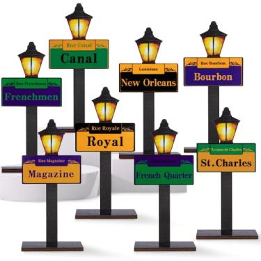 Imagem de Mizelu 8 peças de placa de rua Mardi Gras peça central, artigos de festa de rua de mesa de carnaval, decoração de poste de lâmpada de Nova Orleans para decoração de festa de baile de máscaras de