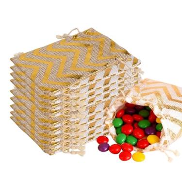 Imagem de Linkidea 12 peças de sacos de cordão de aniagem, 14 x 10 cm, pequena bolsa de linho de bolinhas para lembrancinhas de festa, doces, joias, decoração de casamento rústica (estampa listrada)