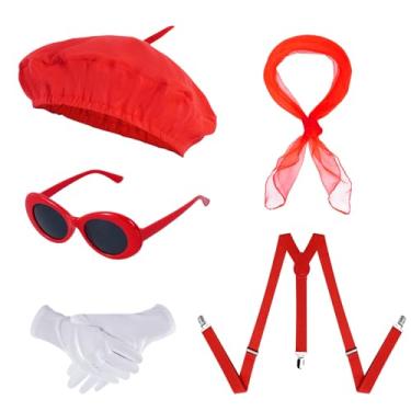 Imagem de choyaxo Conjunto de 5 peças de chapéu de boina francesa, acessórios de fantasia mímica para mulheres, festa temática francesa de Halloween