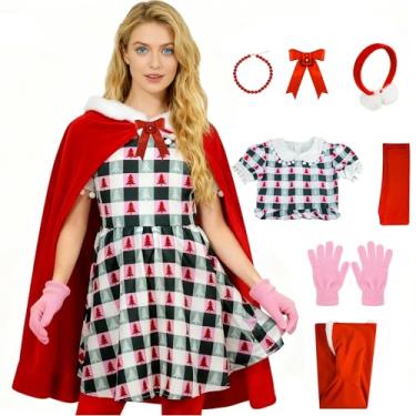 Imagem de Bvxmsel Fantasia feminina Cindy Lou Who para adultos, 7 peças, vestido xadrez de Natal com capa de veludo vermelho, Papai Noel, Vermelho, GG
