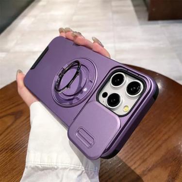 Imagem de Protetor de câmera deslizante com suporte rotativo, capa magnética para iPhone 16 15 14 13 12 11 ProMax, capa protetora de camada dupla, roxa, para iPhone 12ProMax
