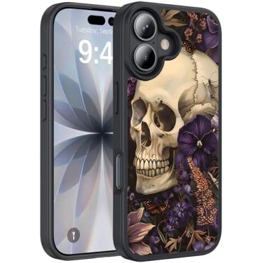 Imagem de ZHUHEHEAH Capa para iPhone 17, capa protetora ultrafina de silicone líquido antiderrapante elegante, adequada para iPhone 17 de 6,3 polegadas, flor roxa e caveira