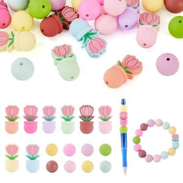 Imagem de KISSITTY 24 peças de contas focais de silicone a granel lindo vaso de flores 3D vaso floral redondo solto espaçador contas berloques para canetas frisadas cordão de telefone bolsa chaveiro pulseira