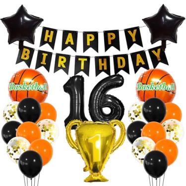 Imagem de Balão esportivo preto de 16 anos, decoração esportiva de 16 anos, 16 anos, troféu de basquete, 16 balões, tema esportivo de basquete dourado, decoração de festa para crianças, meninos, decoração de