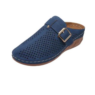 Imagem de Sandália feminina Baotou com fivela oca decorativa salto plataforma grosso design casual verão, Azul royal, 38
