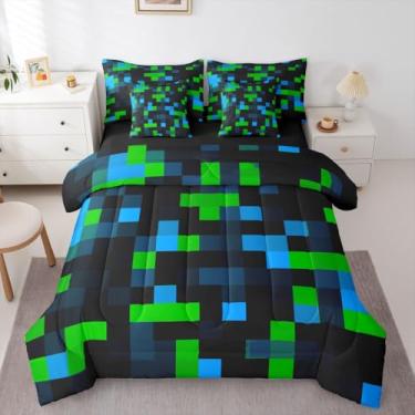 Imagem de jejeloiu Conjunto de edredom solteiro Pixelated, verde, azul, preto, com lençóis, fronhas e capa de almofada, conjunto de cama de 7 peças, supermacio, para decoração de quarto de crianças, meninas