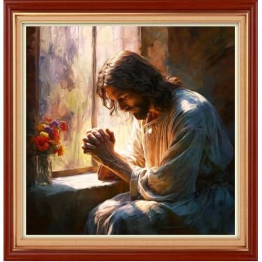 Imagem de Foxhool Kits de ponto cruz para iniciantes carimbados gama completa de kits de bordado para adultos, kit de pontos cruzados, padrões de bordado para kit de bordado - Oração de Jesus 45 x 45 cm