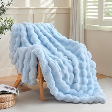 Imagem de Cobertor felpudo de pele sintética azul para sofá, sofá, lã macia, inverno, quente, bolha, cama, 129,5 x 160 cm