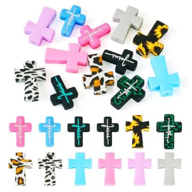 Imagem de Beadthoven 12 peças de contas focais cruzadas de silicone para canetas com estampa de leopardo Jesus Faith Cross contas de borracha de silicone para chaveiro, canetas com contas, joias, pulseiras para