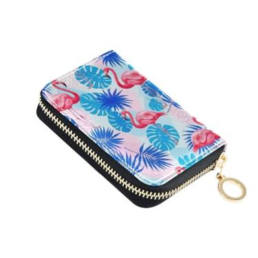 Imagem de Carteira feminina azul flamingos rosa vibrante pequena protetor de cartão de crédito bloqueio RFID minimalista bolsa de moedas com zíper com chaveiro