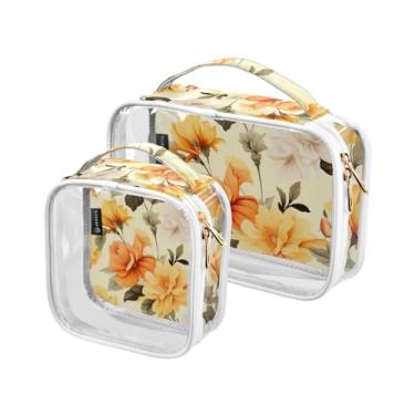 Imagem de GAIGEO Conjunto de bolsas de cosméticos transparentes de bolas esportivas, bolsa de cosméticos transparente, acessórios de viagem para cosméticos, pacote com 2, Flores amarelas e laranjas florais
