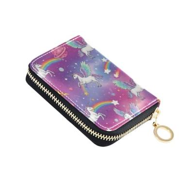 Imagem de Carteira com porta-cartões, bloqueio de RFID, zíper ao redor, carteira feminina pequena com zíper, porta-moedas, porta-chaves, desenho animado, unicórnios, universo arco-íris