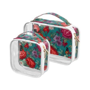 Imagem de GAIGEO Conjunto de 2 sacos de higiene pessoal transparentes, tabuleiro de xadrez verde com margaridas brancas, conjunto de bolsas transparentes para viagem, Borboletas florais com flores coloridas - 2