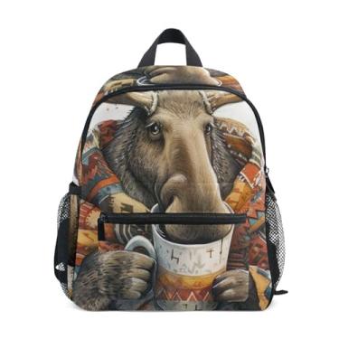 Imagem de GAIGEO Cute Moose Aztec Print Kids Small Backpack 10x4x12 In, Small Backpack for Girls with Water Bottle Pockets, Whistle Buckle