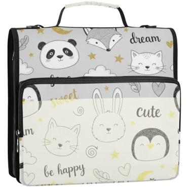 Imagem de Lindo animal panda raposa gato cinza 3 fichários anel D 1,5 polegada D organizador de fichário bolsa de fichário ensino médio com alça para portfólio comporta 500 folhas, 34,5 x 31,5 x 8,9 cm