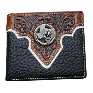 Imagem de Carteira masculina floral trabalhada Texas State & Star Concho Carteira de couro caubói ocidental alta qualidade carteiras masculinas couro rodeio presentes para homens, preto por Egifthome #EH13045