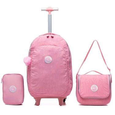 Imagem de Conjunto de Mochila Escolar com Rodas, 3 Peças, Rosa, com Bolsa Lateral e Estojo