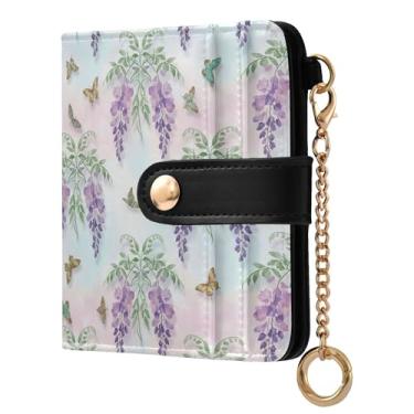 Imagem de SEHANY Carteira feminina elegante com flores roxas com bloqueio de RFID, compacto, porta-cartão de crédito de couro PU, dobrável para moedas, carteiras para mulheres e adolescentes