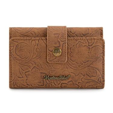 Imagem de Montana West Carteiras pequenas femininas com três dobras com bloqueio de RFID, carteira feminina para cartão de crédito, carteiras de viagem ocidentais com janela para identidade, Marrom