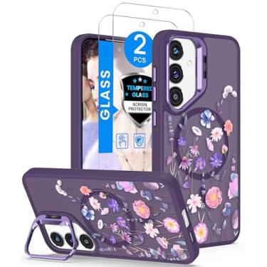 Imagem de Dretal Capa magnética para Samsung Galaxy A17 5G floral, suporte de lente embutido, 2 protetores de tela, capas magnéticas translúcidas foscas, à prova de choque, para mulheres e meninas, estampa de
