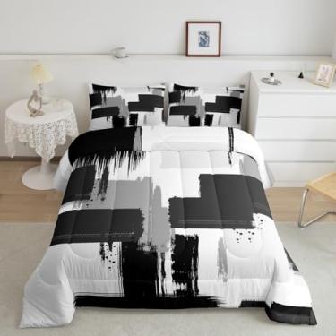 Imagem de Feelyou Conjunto de cama de arte abstrata para crianças, meninos, meninas, tamanho Queen, preto e cinza, ultramacio, geométrico, arte moderna, conjunto de edredom retrô
