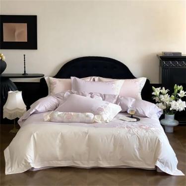 Imagem de Jogo de cama de algodão com bordado de flores e borboletas, incluindo capa de edredom, lençol de baixo, lençol de baixo com elástico e fronhas, cor 2, tamanho King (220x240cm), 4 peças.