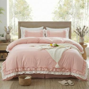 Imagem de Bedorm Capa de edredom com babados, roupa de cama de solteiro, ultramacia, respirável, chique, rosa, com babados, conjunto de capa de edredom fofo