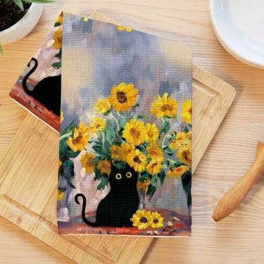 Imagem de Toalhas de cozinha de girassol aquarela, toalha de mão macia absorvente, panos artísticos de waffle de gato para cozinha, banheiro, sala de estar, casa, presentes para amantes de gatos para mulheres