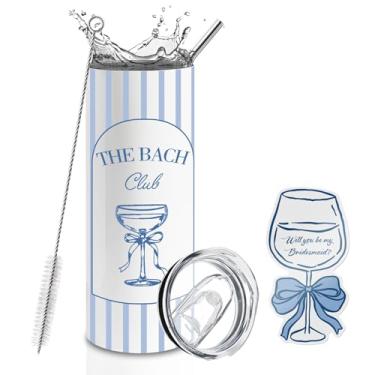 Imagem de BUZCOZY Cartão de pedido de dama de honra e conjunto de copo de 590 ml, copo isolado para despedida de solteira The Bach Club com canudo e tampa, presente Will You Be My Bridesmaid para chá de panela