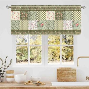 Imagem de Saia de cozinha verde boho, patchwork boêmio, floral, vintage, costura, sálvia, verde, xadrez, bolso para varão, pequenas cortinas curtas para cozinha, café, sala de estar, quarto, armário, banheiro