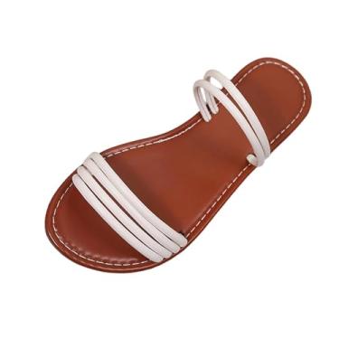 Imagem de Sandália feminina com duas alças para praia, casual, sem salto, confortável, para uso ao ar livre, 2026, versátil, calçado de verão, Branco, 34