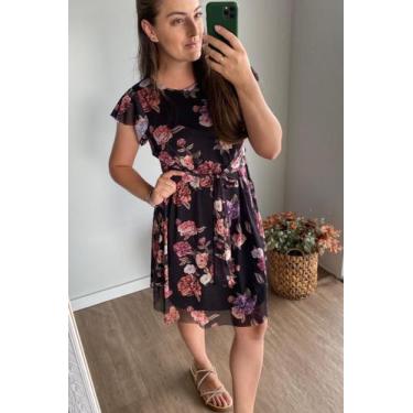 Imagem de Vestido Tule de Malha Cristal Feminino Lamour, P, Floral fundo preto