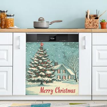Imagem de SEHANY Capa magnética vintage para lava-louças para árvore de Natal, adesivos magnéticos decorativos antiarranhões para painel de geladeira e lava-louças, decoração de Natal de cozinha doméstica 58 x