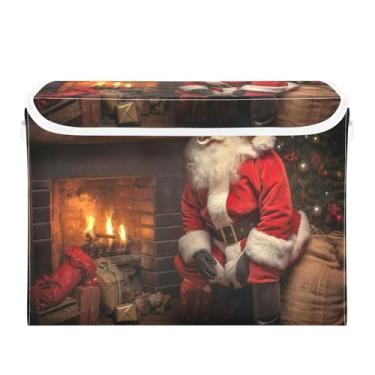 Imagem de SEHANY Linda caixa de armazenamento de Papai Noel de Natal com tampas e alças, organizador de cestas de armazenamento de tecido dobrável, caixas de armazenamento de cubos grandes para roupas, cobertor