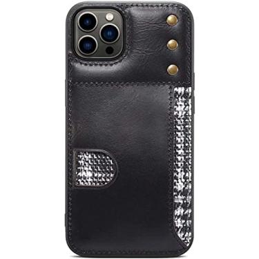 Imagem de VEVEL Porta-cartão de capa de telefone traseira retrô, para Apple iPhone 14 Plus 6,7 polegadas 2022 cera de óleo couro de vaca capa de proteção à prova de choque (Cor: Preto)